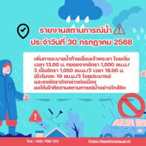 รายงานสถานการณ์น้ำ ประจำวันที่ 30 กรกฏาคม 2568 เพิ่มการระบายน้ำท้ายเขื่อนเจ้าพระยา โดยเริ่มเวลา 13.00 น. ทยอยจากอัตรา 1,000 ลบ.ม./วิ เป็นอัตรา 1,050 ลบ.ม./วิ เวลา 18.00 น. (ชั่วโมงละ 10 ลบ.ม./วิ โดยประมาณ) และคงอัตราดังกล่าวต่อเนื่อง ขอให้เฝ้าติดตามสถานการณ์น้ำอย่างใกล้ชิด